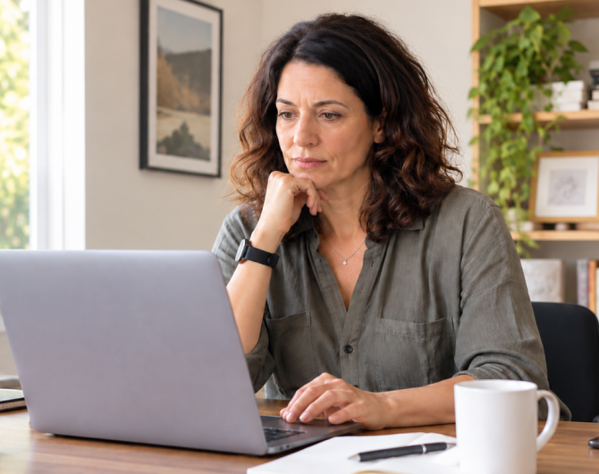A woman in a gray shirt sits at a wooden table in a brightly lit home office. She looks at an open gray laptop with a notebook and white coffee mug beside her.