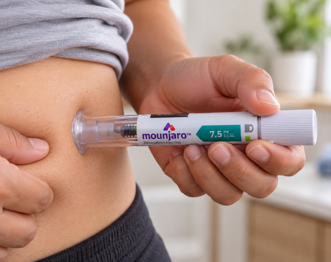 A person injects themselves with a white, teal, and purple Mounjaro injector while standing in their bathroom.