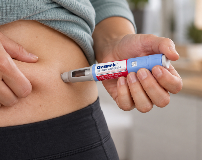A person injects themselves with Ozempic at the waist while wearing black pants and a green long-sleeve sweater.