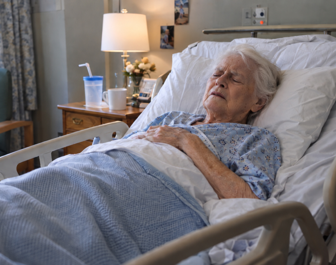 An older woman lies in a hospital bed in a blue gown. She grimaces in pain from under the covers.