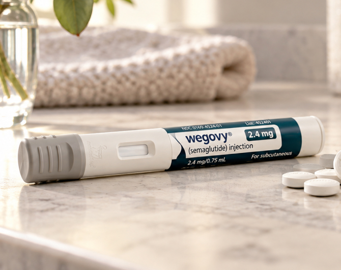 A blue, white, and gray Wegovy injector sits unused on a white marble countertop. A white towel and green plant sit behind it, while three white pills sit next to it.