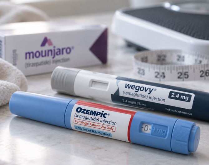 Ozempic and Wegovy injectors sit in front of a Mounjaro box, a measuring tape, and a bathroom scale. The weight loss drugs are unused.
